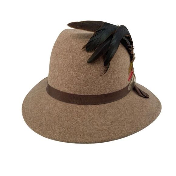 Vintage Knox Custom Felt Fedora Hat with Feather Accent Tan Wool Made in USA